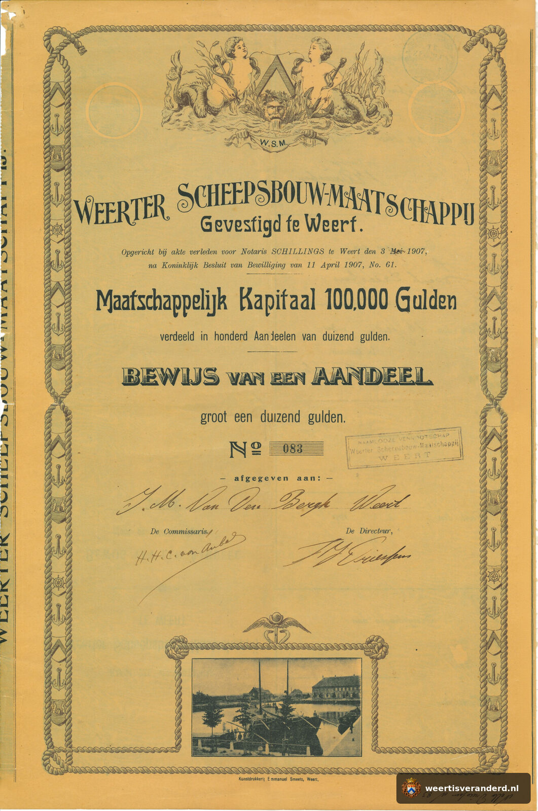 Aandeelbewijs van de Weerter Scheepsbouw-Maatschappij uit 1907
