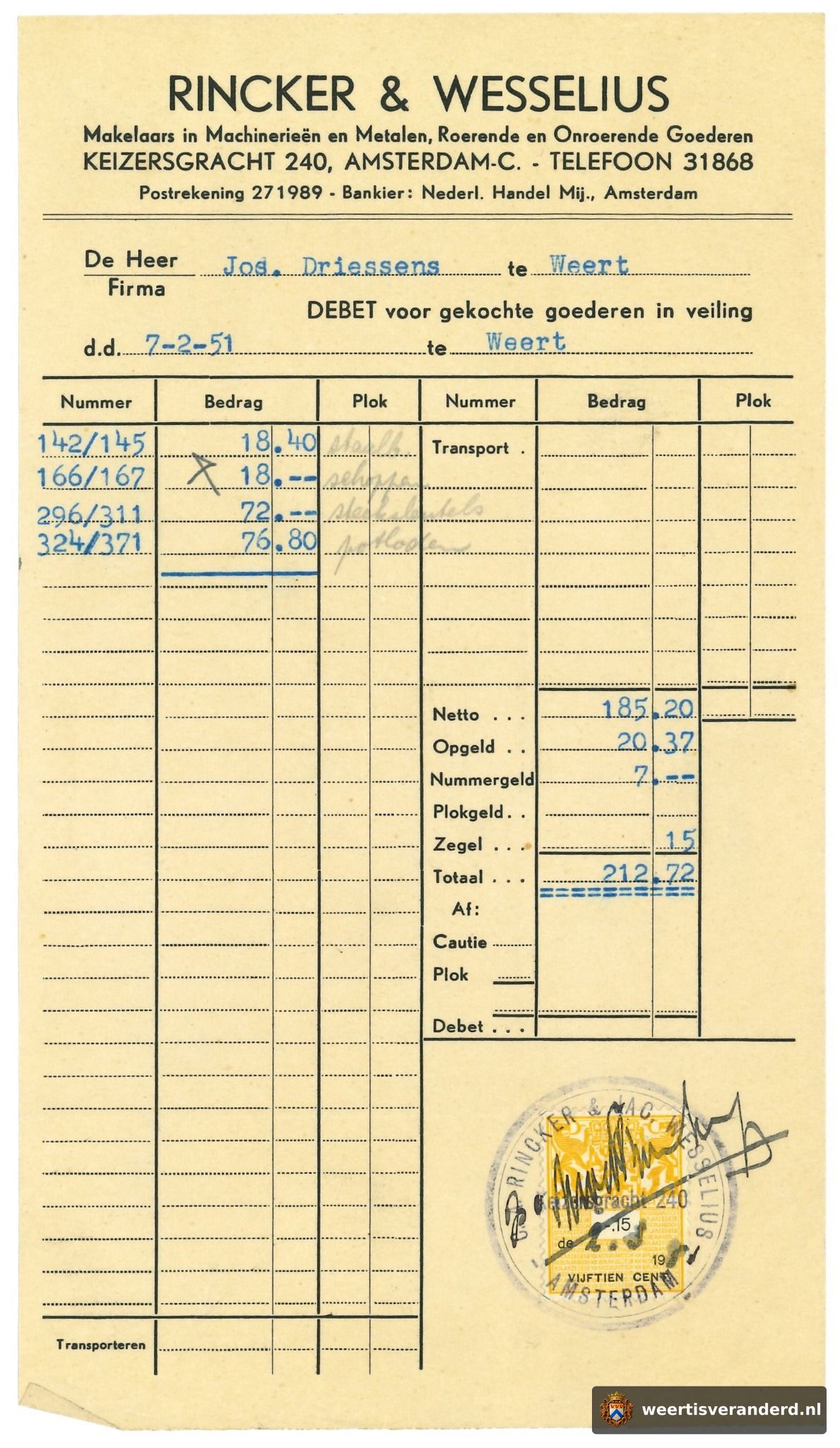 Afrekening van veilinghuis Rincker en Wesselius aan Jos Driessens uit 1951