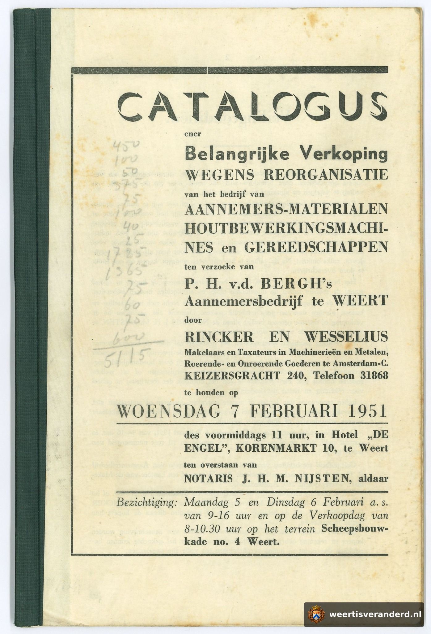 Veilingcatalogus van P.H. van den Bergh's aannemersbedrijf uit 1951