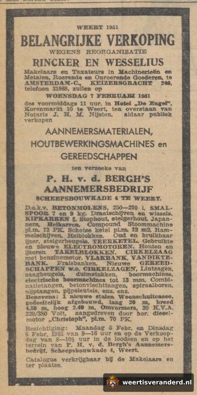 Advertentie voor de openbare verkoping van P.H. van den Bergh's aannemersbedrijf in 1951
