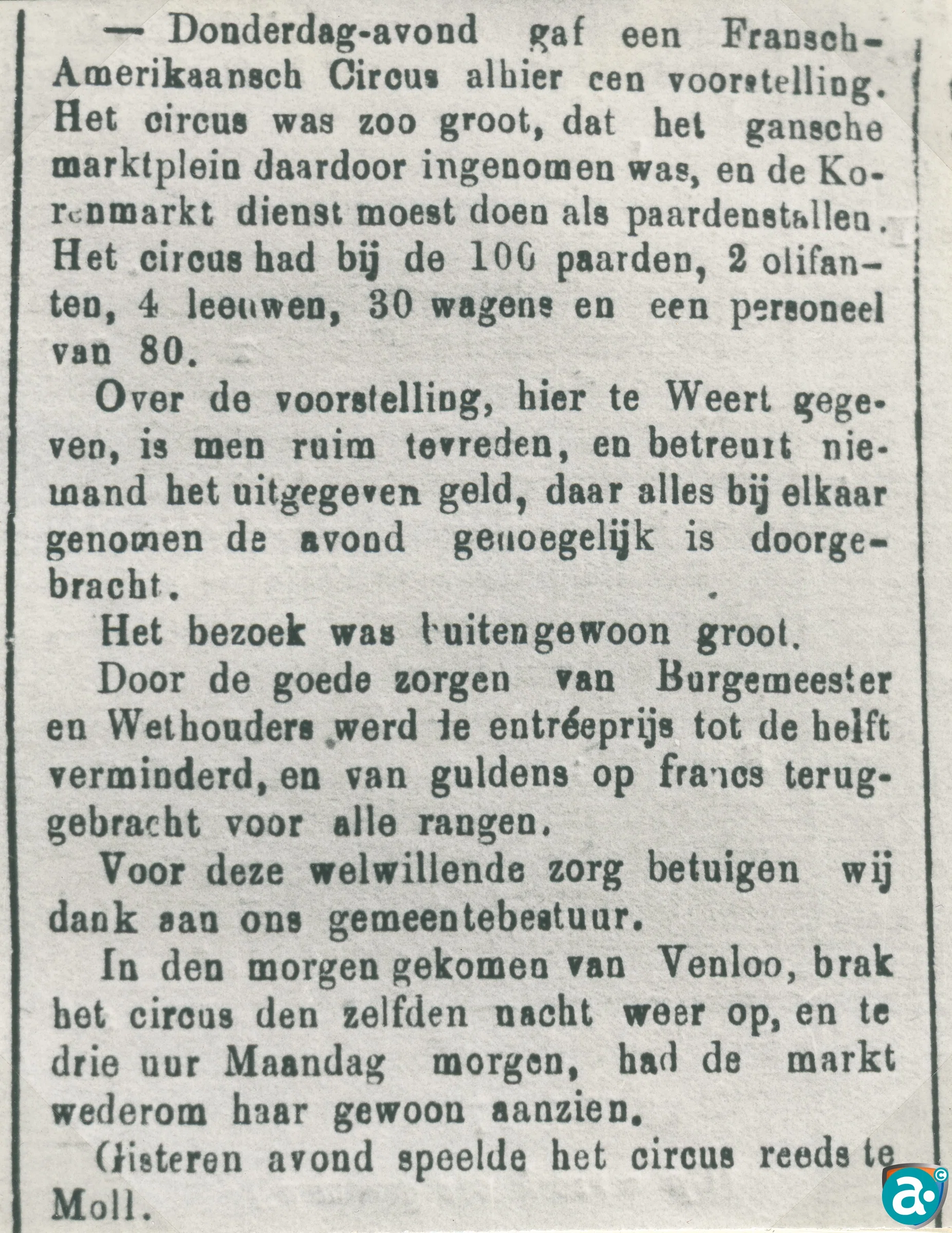 Verslag van het circus in het weekblad 'Kanton Weert', 27 mei 1897